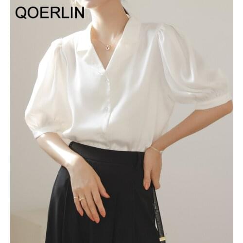 QOERLIN Puff Sleeve White Shirt Women Short Sleeve V-neck Blouse Retro Lapel Elegant Single Breast Summer Shirt Female Plus Size