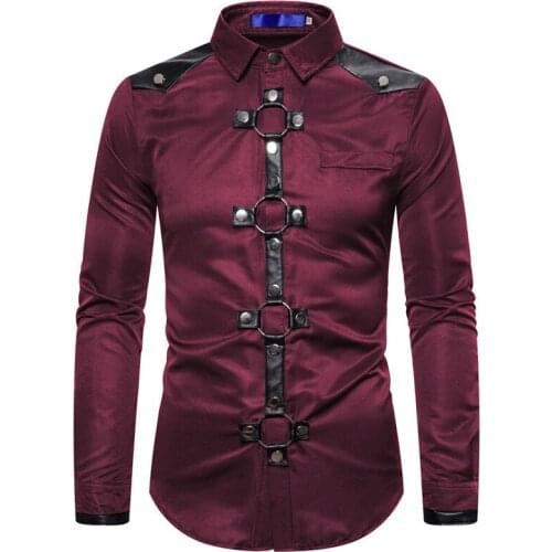 Autumn Spring Men Retro Long Sleeve Shirt Goth Style Rivet Solid Casual Shirt Slim Fit Chemise Noel Party Singer Stage Clothes