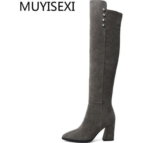 Sexy Pointed Toe Boots 8cm High Heel Women Winter Thigh High Over the Knee Boots Black Suede Leather Warm Fashion LDI12 MUYISEXI