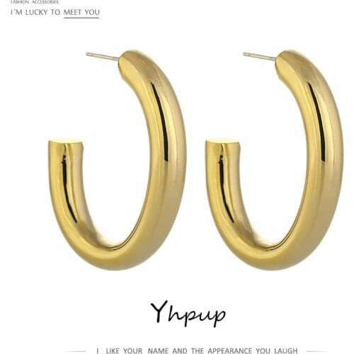 Yhpup Charm C Shape Stud Earrings Simple Metal Texture Earrings Brincos for Female Party Simple Design Pendientes Mujer Moda
