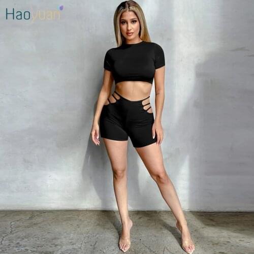 HAOYUAN Two Piece Tracksuit Short Sleeve Crop Top Hollow Out Biker Shorts for Women Sexy Matching Sets Summer Night Club Outfits