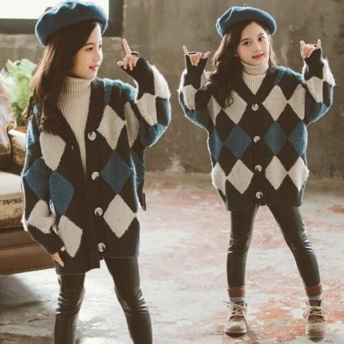 Girls' Sweater Autumn and Winter New Big Childrens Korean Diamond Cardigan Childrens Foreign Style Sweater Coat