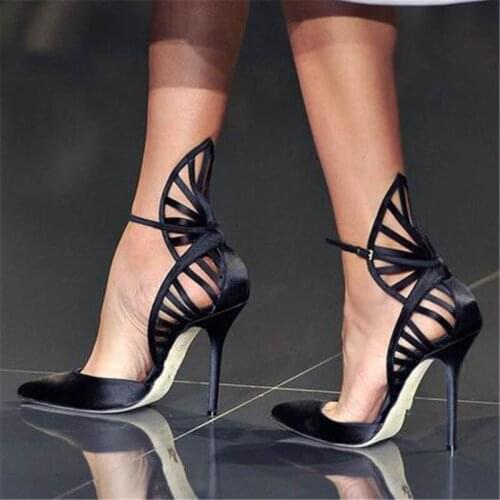 Summer Back Fretwork Leafs Pumps Pointed Toe Woman Stiletto Heels One Strap Ladies Party Dress Thin High-heeled Shoes