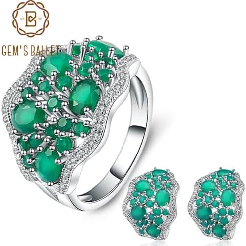 GEMS BALLET 14.31Ct Natural Green Agate Vintage Fine Jewelry Sets Pure 925 Sterling Silver Gemstone Earrings Ring Set For Women