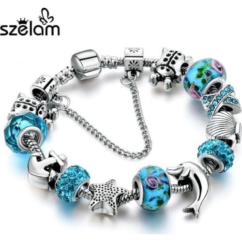 Dropshipping Ocean Style European Crystal Charm Bracelet For Women With Star Anchor Dolphin Beads SBR160146