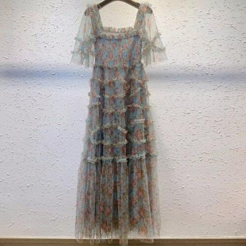 Summer Maxi Party Women Runway Fashion Slash Neck Ruffles Floral Print Pink Blue Elegant Holiday Long Dress