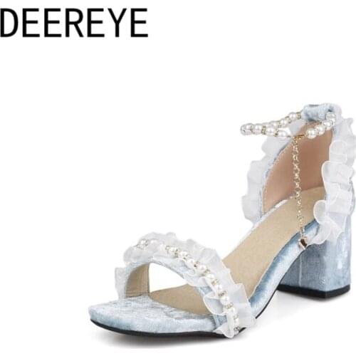 2021 Velvet Lolita Girls Cosplay Party Princess Ankle Strap White Pearls Gold Chain Lace 5CM Block High Heel Square Toe Shoes
