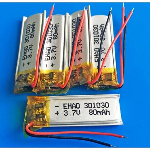 5pcs 3.7V 80mAh 301030 lithium polymer Lipo rechargeable battery for MP3 GPS bluetooth headset video pen smart watch 3x10x30mm