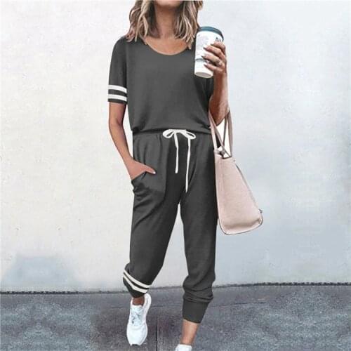 Women Summer Casual 2 Piece Outfits Color Matching Design O-Neck Short Sleeve Top+Drawstring Design Pockets Decor Pencil Pants