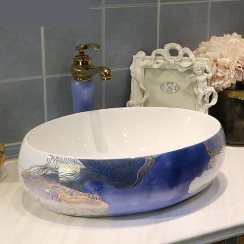 Europe Vintage Style Art Counter top Basin Sink Handmade Ceramic Vessel Sink blue pink ceramic wash basin Bathroom sink