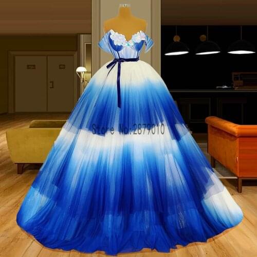 Contrast Color Blue and White Ball Gown Evening Dresses Sweetheat Neck Off Shoulder Floor Length Tulle Evening Gowns