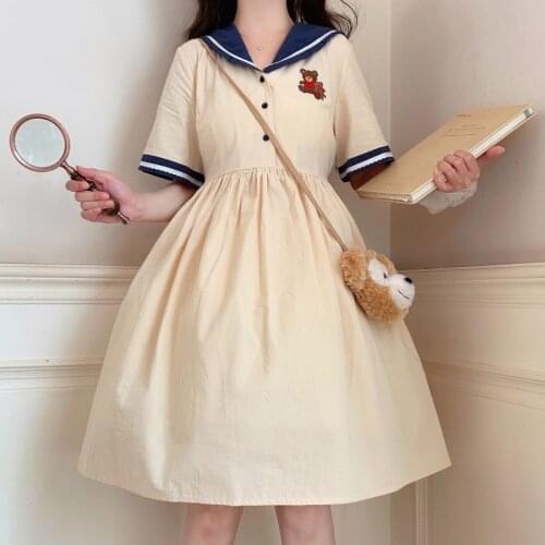 Summer Dress 2021 Korean Style Loose Japanese Embroidered Bear Navy Collar Dress Female Student Vestidos Sundress Light Dresses