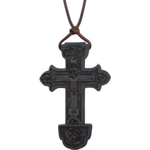 Orthodox Crucifix Jesus Pendant Necklaces for Men Black Ebony Wood Cross Necklace Adjustable Leather Rope Chains Prayer Jewelry