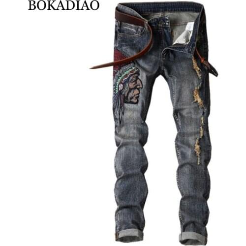 BOKADIAO Man jeans luxury Embroidery Vintage Straight jeans for men Cotton Distressed Ripped Pants wild Slim denim trousers male