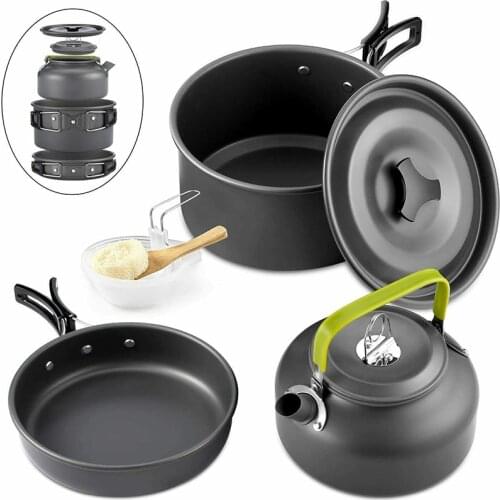 Aluminum 2-3 Person Camping Cookware Set Portable Hiking BBQ Travel Tableware Outdoor Cooking Pot Frying Pan Kettle Tool Set