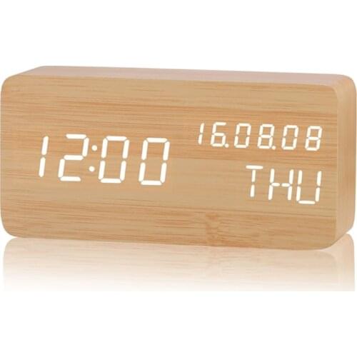 Modern Wooden Wood Digital LED Desk Alarm Clock Thermometer Wireless Charger With Qi Wireless Charging Pad Alarm Clock LED