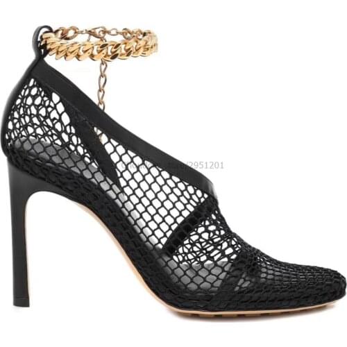 Sexy Women Sandals Fish Eye Mesh Shoes Thin High Heels Chain Design Party Pumps Fashion Sandals Lace Elegant Shoes