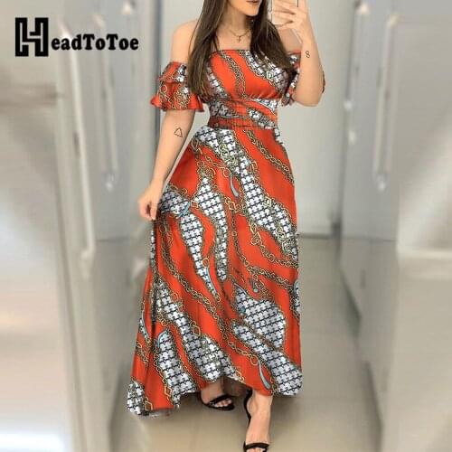 Off Shoulder Chain Print Colorblock Ruffles Maxi Dress