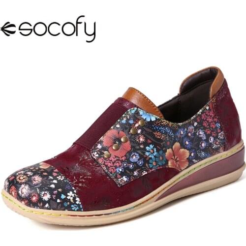 SOCOFY Retro Flats Splicing Small Flowers Genuine Leather Flat Zipper Shoes Summer Women Shoes Botas Mujer 2020