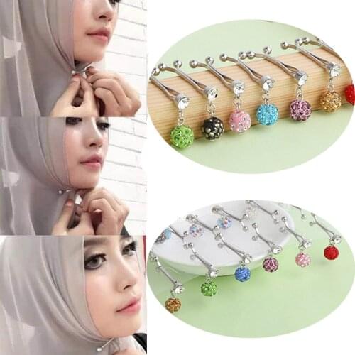 Rhinestone Ball Hijab Scarf Clip with Pendant Muslim Women Headscarf U Pins Brooch Islamic Scarf Shawl Accessories 12pcs/Set