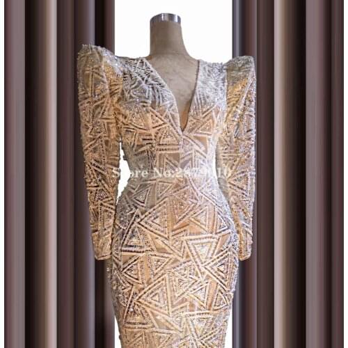 Turkish 2020 Sparkle Evening Dress Sheath Floor-Length Long Sleeves Beaded Robe De Soiree Aibye Prom Dress Middle East Dubai