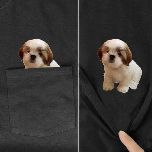 Funny T-Shirt Fashion Pocket Shih Tzu Printed T-shirt Mens for Women Shirts Hip Hop Tops Pet Dog Cotton Tees