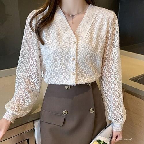 Crochet Embroidery Lace Women Shirt 2021 Summer Autumn Elegant Lantern Sleeve Woman Blouses Korean Style V-Neck Mesh Tops 13967