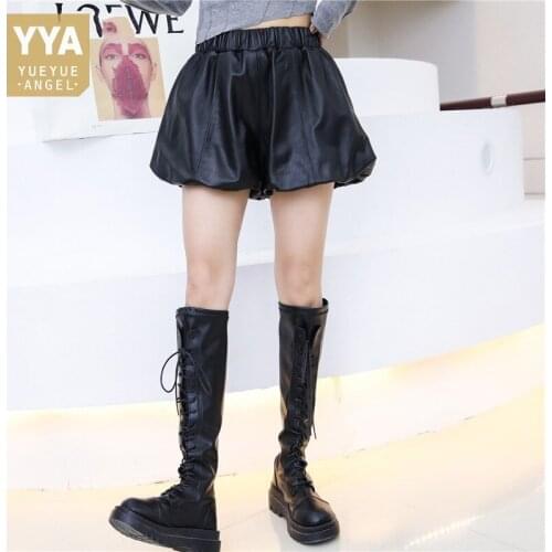 High Quality Women Natural Sheepskin Real Leather Tutu Shorts Elastic Waist Wide Leg Short Trousers Streetwear Ladies Shorts