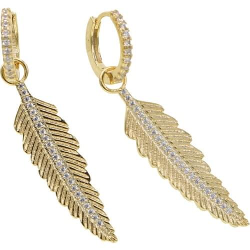 Vintage classic women jewelry gold filled cz leaf feather drop charm dangle earring fashion