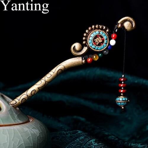 Yanting Natural Stones Vintage Hair Jewelry Aventurine Ethnic Hair Sticks For Women Nepal Charms Copper Alloy Hair Pin Gift 016
