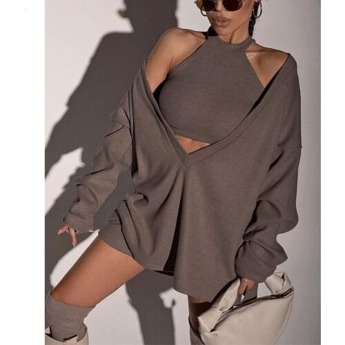Chic Solid Two-piece Dress Sets Women Ladies V Neck Long Sleeve Bodycon Mini Dress Sleeveless Crop Tops