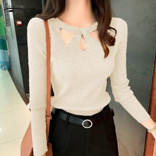Winter Elegant O-neck Slim Stretch Sexy Pullover Autumn Noble Hollow Solid Sweater Women Slim Bottoming Shirt Sweater Lady 16639