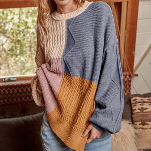 Patchwork Long Sleeve Loose Woman Sweaters Knitted Pullover Spring Autumn Sweater Women Winter Tops Warm Soft Full Jumpers 2021