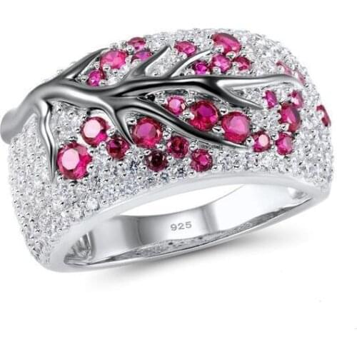 Top Quality cute Wedding 925 Sterling silver Ring Women rose red CZ Leaf Tree Trendy Party Finger Ring 925 stamp Wedding Jewelry