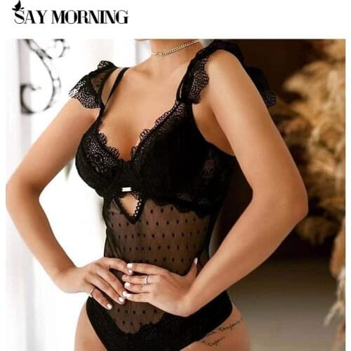 SAY MORNING Off Shoulder Sexy Bodysuit Black Lace Woman Dotted Flutter Sleeve Backless Sheer Bodysuit Lingerie Female Underwear