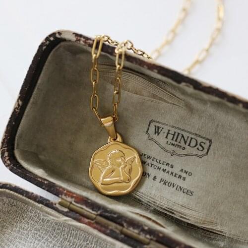 RHYSONG Angel Cupid Wings Collar Hexagon Flower Retro Portrait Stainless Steel Cute Pendant Mid Length Necklace Women Jewelry