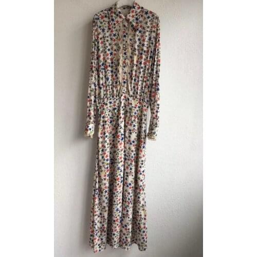 2021 summer Woman Colorful Stars Print Long Sleeves Shirt Collar Lace Frills Buttons Front Maxi Dress Elastic Waist high q