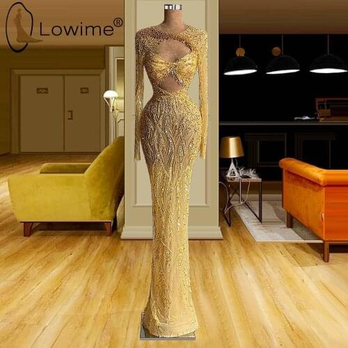 Sexy Crop Top Gold Long Sleeves Mermaid Wedding Evening Dresses 2021 Sparkly Sequins Formal Prom Party Gowns Vestiods De Soiree