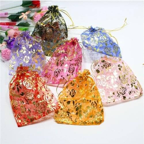 13x18cm Organza Bags Gold Thread Drawstring Party Birthday Voile Bag 5"7" Gold Rose Small Gift Bag for Jewlery Necklace Storage