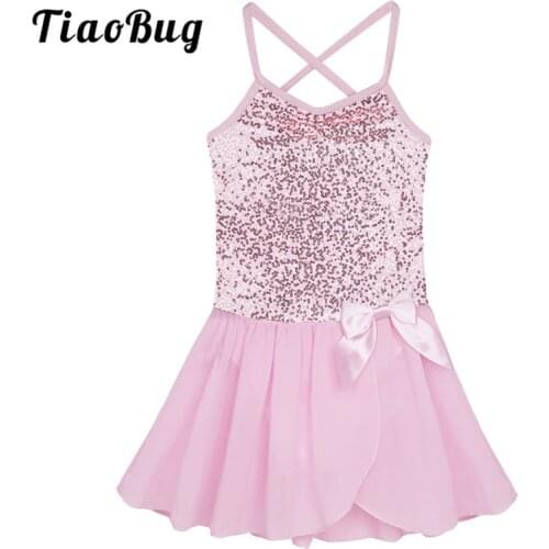 TiaoBug Kids Girls Ballet Dress Shiny Sequins Skating Gymnastics Leotard Clothes Cami Classic Chiffon Skirt Dancewear Costume
