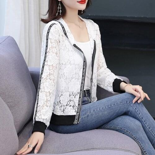 Summer Hooded Lace Baseball Uniform Womens Thin Section Hollow Crochet Sunscreen Clothes Style Outer Zipper Cardigan Lace Coat
