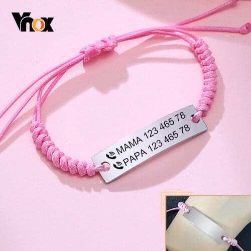Vnox Customize Baby ID Bracelets for Girls Boys,Adjustable Braided Rope Stainless Steel Bangle,New Born Personalized SOS Gift
