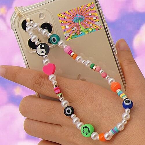 90s Style Rainbow Beads Eyes Yin Yang Phone Chain for Women Cute Vintage INS Smiley Keychain Charms Accessories Friends Gifts