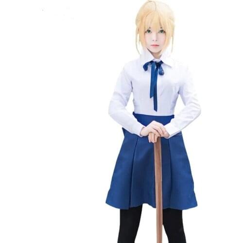 Coshome Fate Stay Night Saber Anime Cosplay Costumes Sailor Uniforms Women Dress Halloween Party Cosplay Clothing Set top+shirt