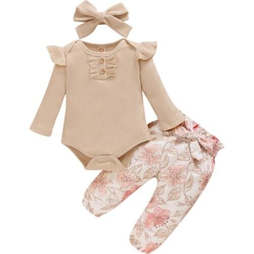 Baby Girl Ribbded Lace Long Sleeve Top Ribbed Bodysuits Pants and Hairband Outfit 3Pcs Newborn Set