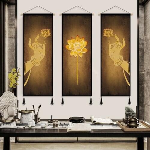 Buddha Lotus Zen Scroll Paintings Canvas Vintage Poster Wall Art Picture Scroll Hanging Living Room Office Decor Aesthetic