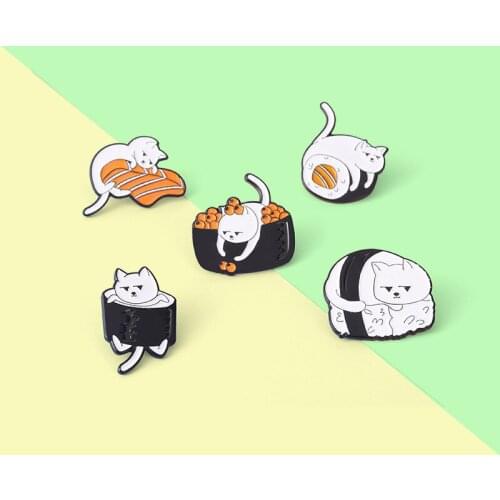 Japanese Cuisine And Small Animal Shape Metal Paint Brooch Pin Creative Cartoon Cute Cat Salmon Sushi Badge Clothing Accessories