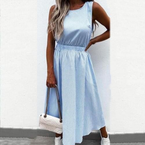 Women Fashion Plaid Print Lady Dress Sexy Hollow Out Sleeveless Breathable Mid Waist O Neck Ladies Maxi Dresses Holiday Vestidos