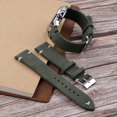 Onthelevel Handmade Dark Green Suede Leather Watch Strap Bands 18mm/20mm/22mm Stainless Steel Buckle With White/black Stitching