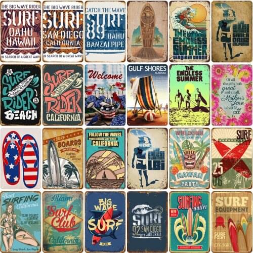 Vintage Metal Plaques The Big Wave Rider Surf In Beach California Endless Summer for Restaurant Decoration Shop Bar Decor Poster